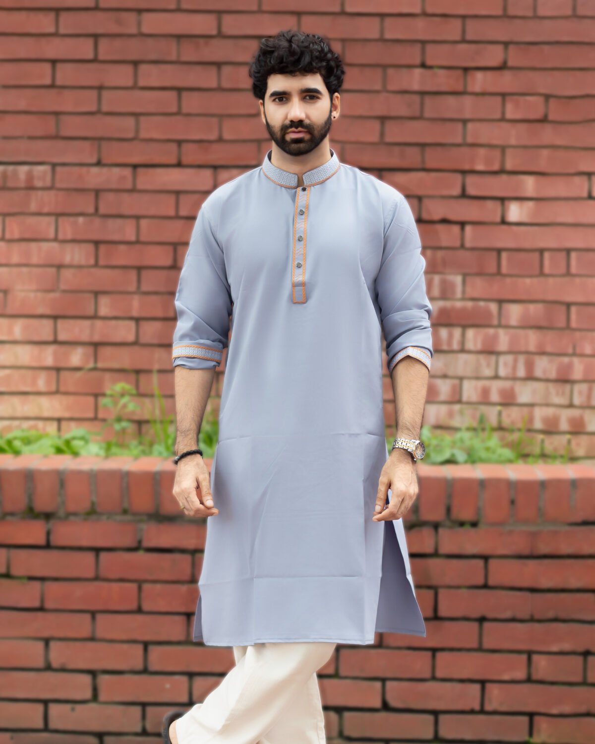 অ্যাশ কালার প্রিমিয়াম এমব্রয়ডারি পাঞ্জাবি - Image 1