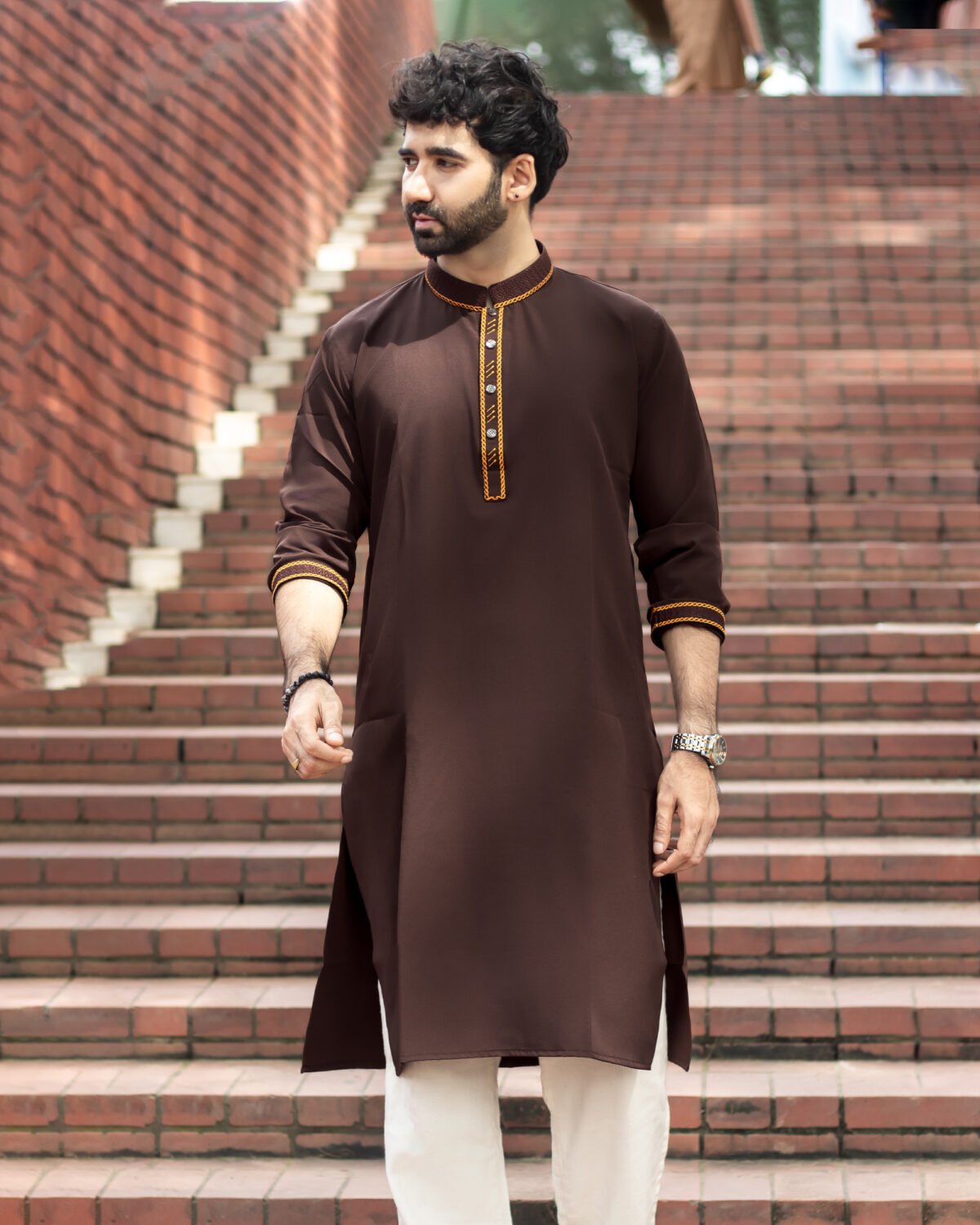 কফি কালার প্রিমিয়াম এমব্রয়ডারি পাঞ্জাবি - Image 1