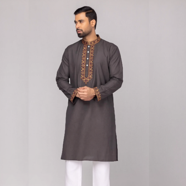 অলিভ কালার কটন ফেব্রিকের এমব্রয়ডারি পাঞ্জাবি