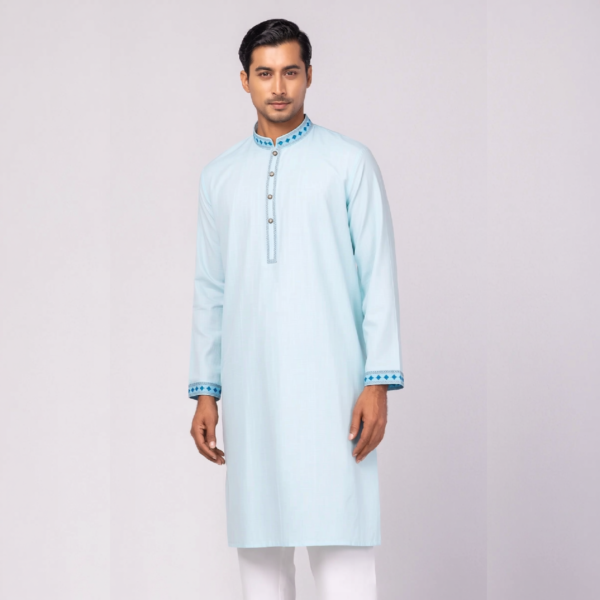 স্কাই ব্লু কালার কটন ফেব্রিকের এমব্রয়ডারি পাঞ্জাবি