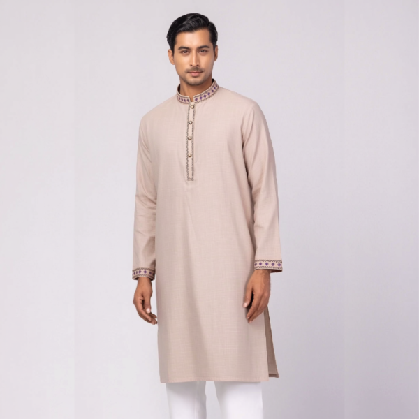 বিস্কুট কালার কটন ফেব্রিকের এমব্রয়ডারি পাঞ্জাবি