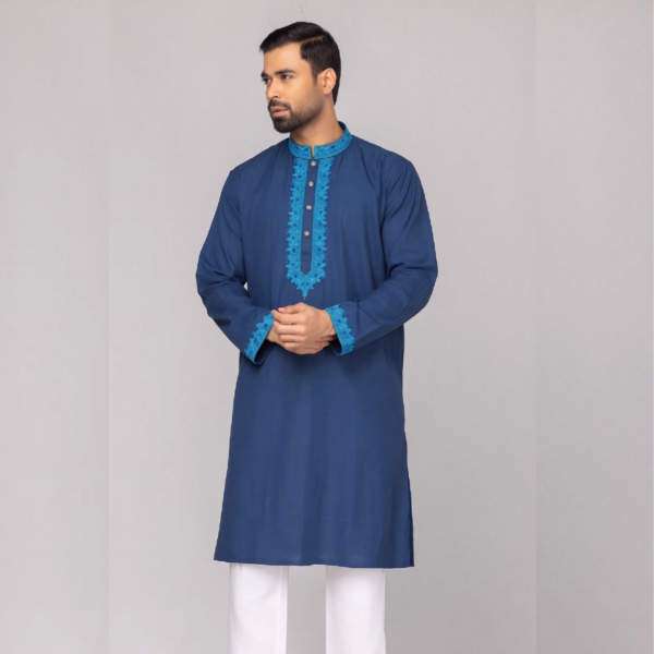 পেট্রল ব্লু কালার কটন ফেব্রিকের এমব্রয়ডারি পাঞ্জাবি